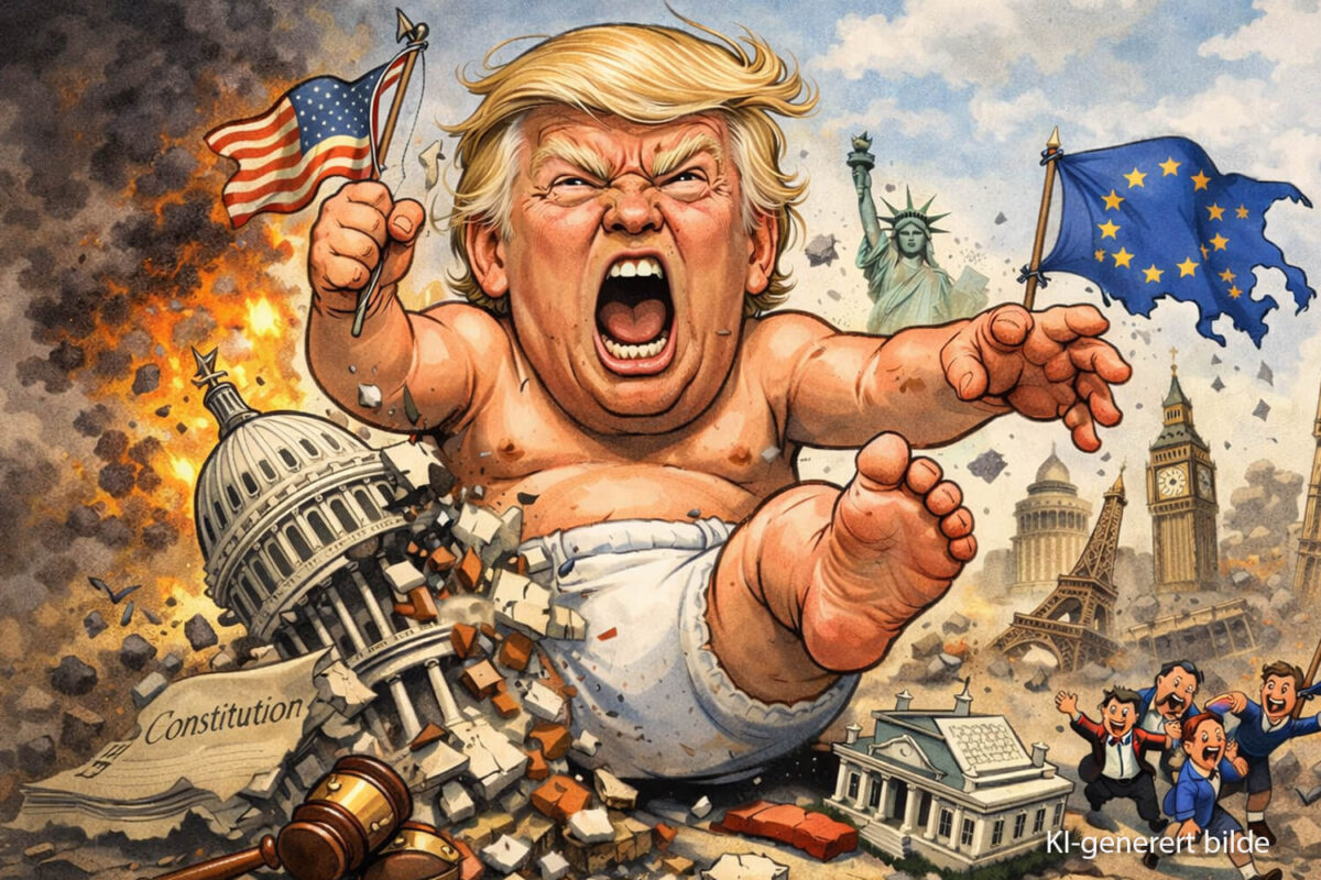 Karrikatur av Donald Trump som en baby som skaper kaos i USA og Europa