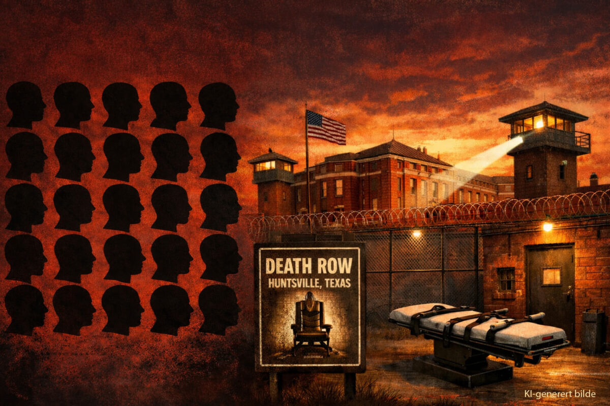 Bildet er av fengselet i Huntsville USA med 25 siluetter av hoder som representerer de som ble henrettet i 2025. Det er avbildet en plakat med den gammeldagse elektriske stolen utenfor fengselet