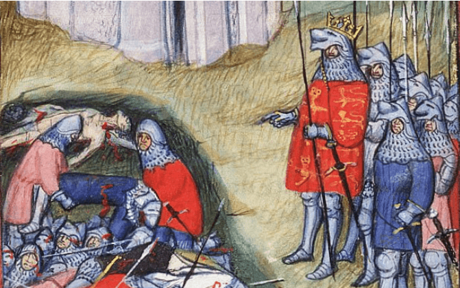 Kong Edward III på slagmarken i Crecy der han teller de døde.