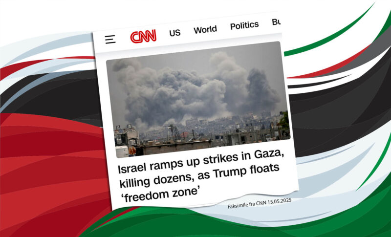 Faksimile fra CNN 15 mai 2025 som ligger oppå et håndmalt palestinsk flagg.