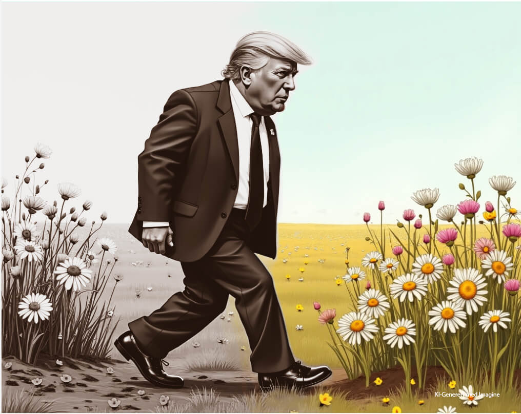 Trump som tramper gjennom en blomster eng og etterlater den forvitret og grå
